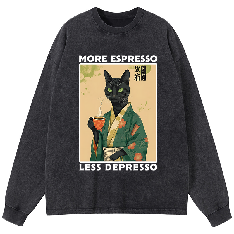 Tokyo-Tiger More Caffeine Less Sadness Washed Long Sleeve T-Shirt