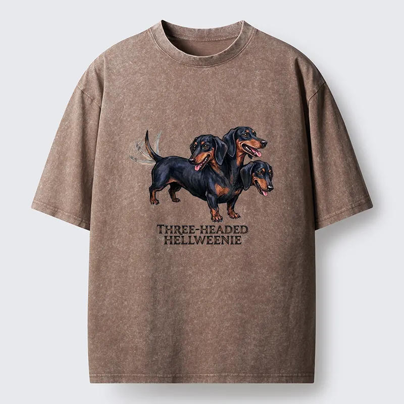 Tokyo-Tiger Three-headed Hellweenie Dachshund Dog Washed T-Shirt