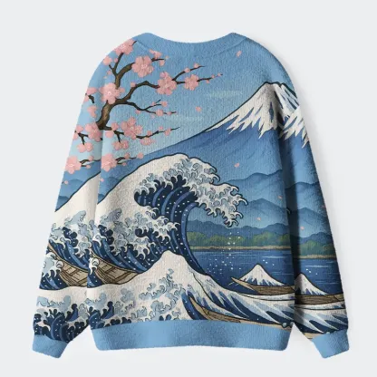 Tokyo-Tiger Waves Under Mount Fuji Ugly Cardigan Sweater