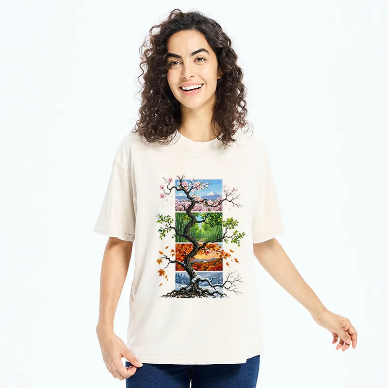 Tokyo-Tiger Nature Four Seasons Tree Art Washed T-Shirt