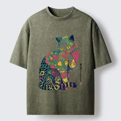 Tokyo‑Tiger Colorful Japanese Cat Washed T‑Shirt