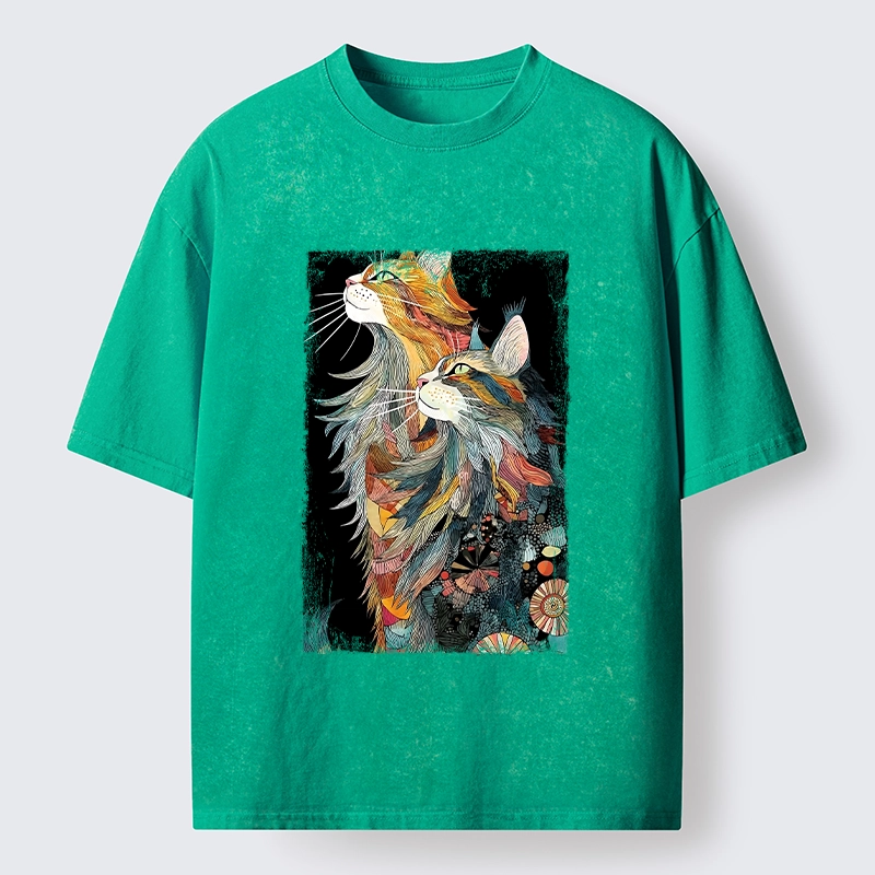 Tokyo‑Tiger Bohemian Cat Pair Washed T‑shirt