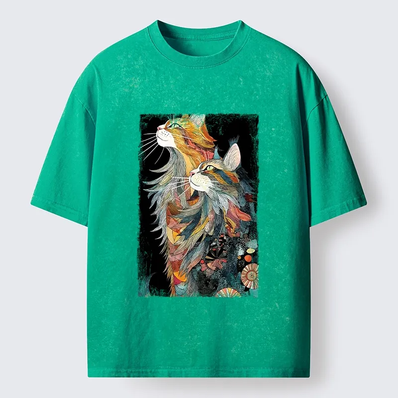 Tokyo‑Tiger Bohemian Cat Pair Washed T‑shirt