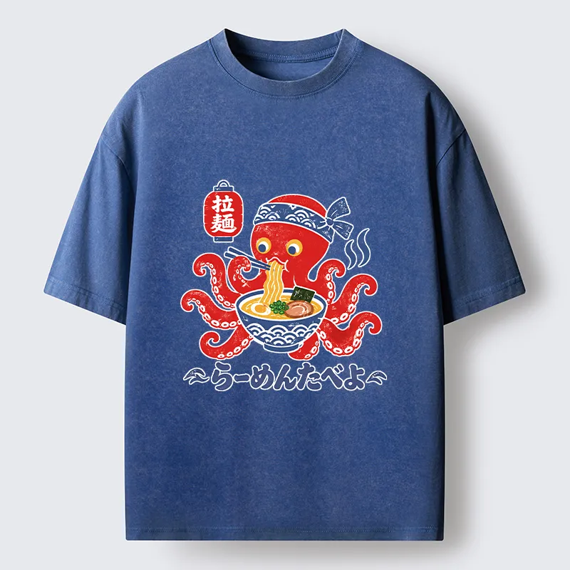 Tokyo-Tiger Vintage Octopus Eating Ramen Washed T-Shirt