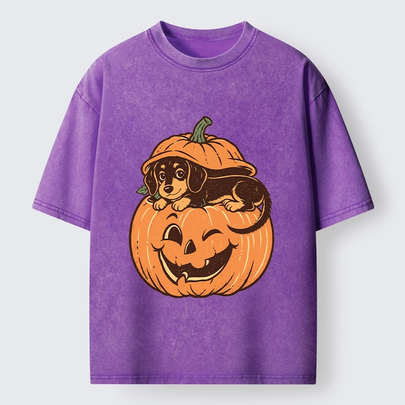 Tokyo‑Tiger Retro Pumpkin Dog Washed T‑Shirt