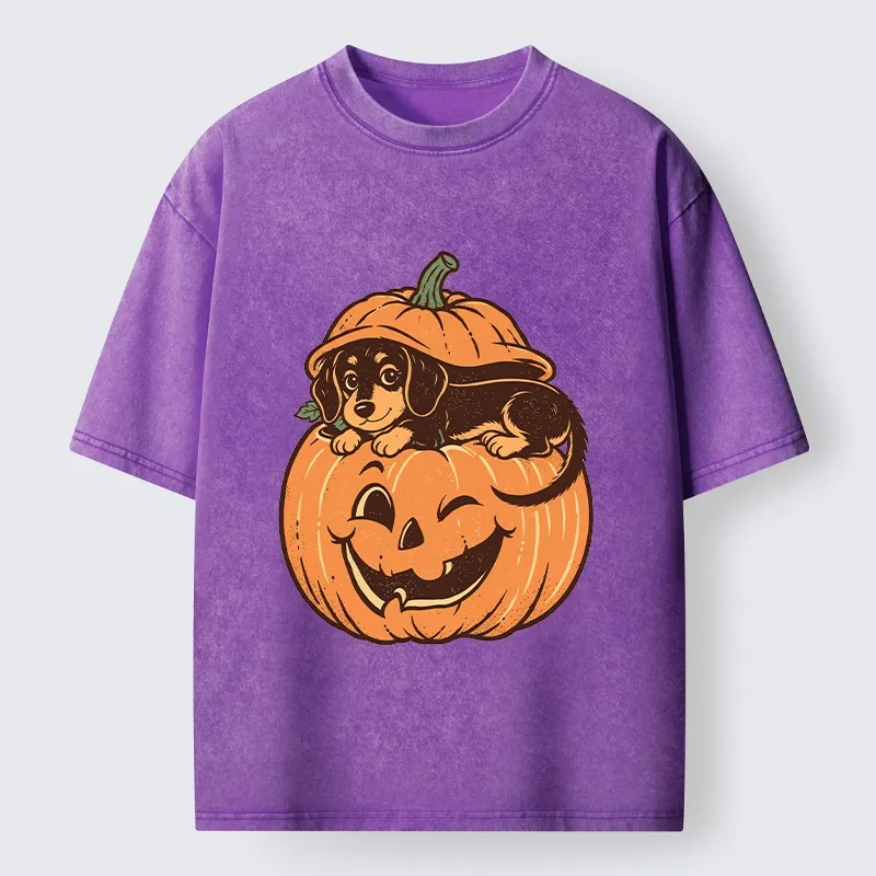 Tokyo‑Tiger Retro Pumpkin Dog Washed T‑Shirt
