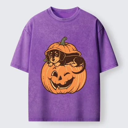 Tokyo‑Tiger Retro Pumpkin Dog Washed T‑Shirt