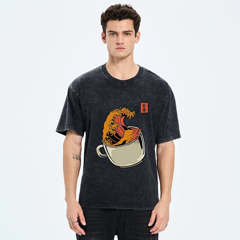 Tokyo-Tiger Japanese Wave Coffee Ukiyoe Washed T-Shirt
