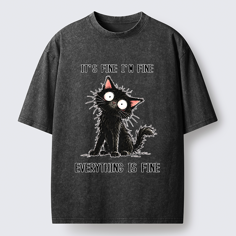 Tokyo-Tiger It's Fine Black Cat Meme Washed T-Shirt
