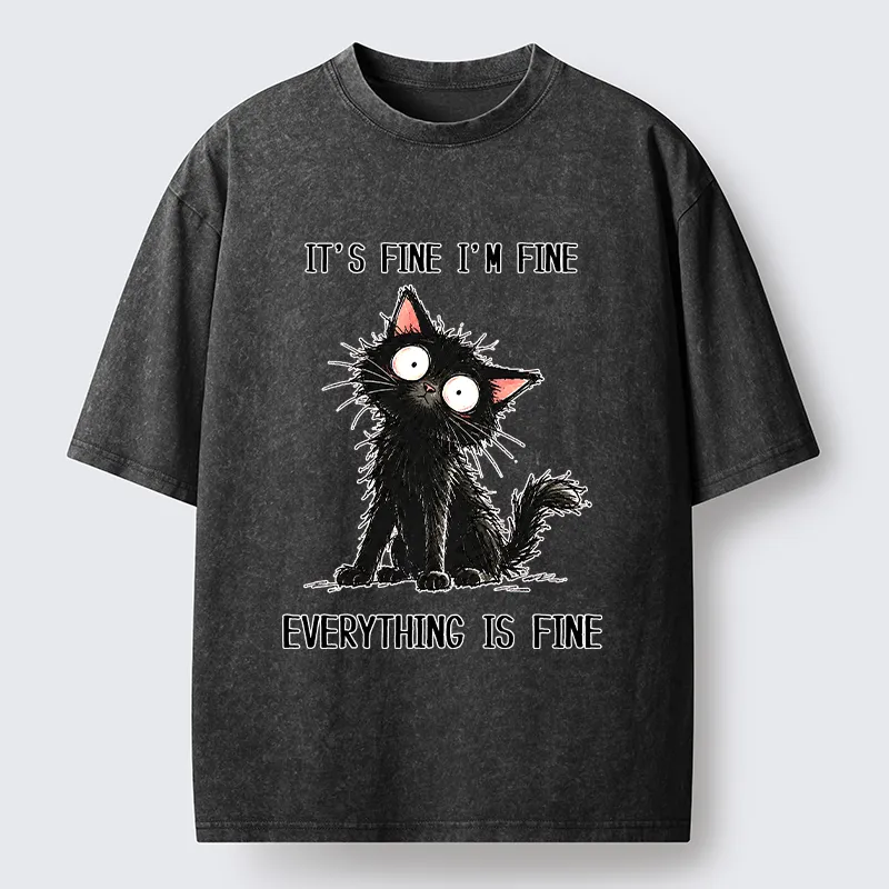 Tokyo-Tiger It's Fine Black Cat Meme Washed T-Shirt