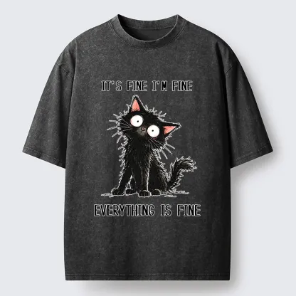 Tokyo-Tiger It's Fine Black Cat Meme Washed T-Shirt