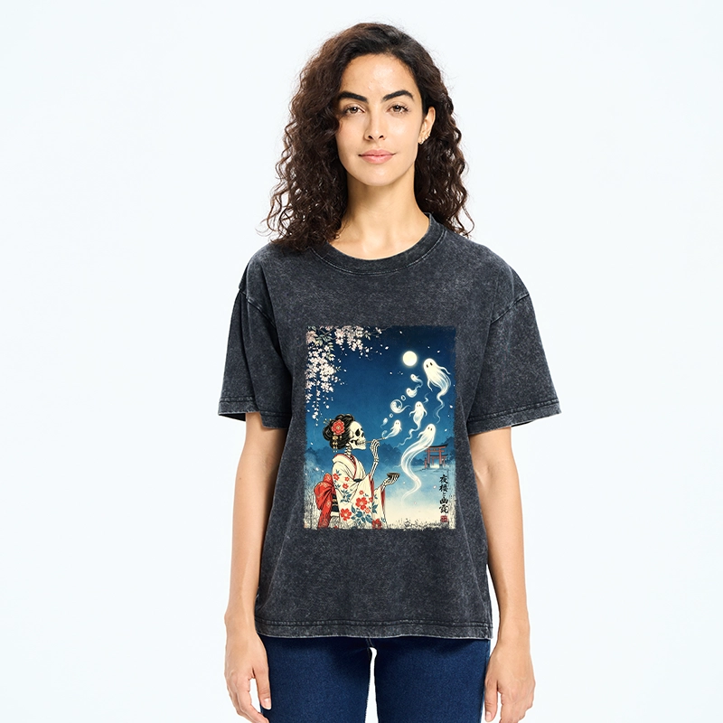 Tokyo-Tiger Moon Skeleton Ghost Washed T-Shirt
