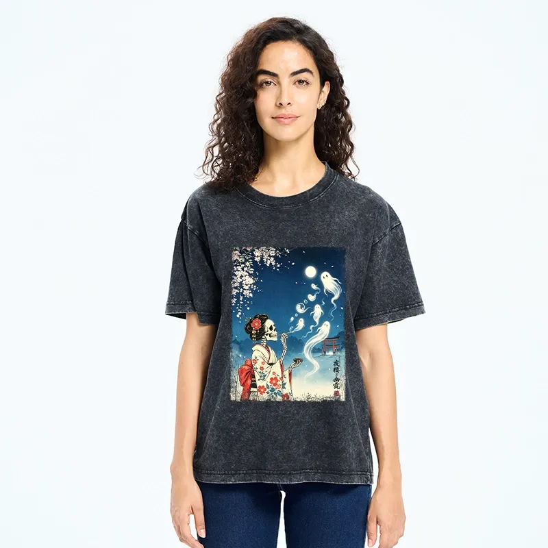 Tokyo-Tiger Moon Skeleton Ghost Washed T-Shirt