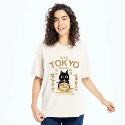 Tokyo-Tiger Black Cat Enjoys Warm Ramen Bowl Washed T-Shirt