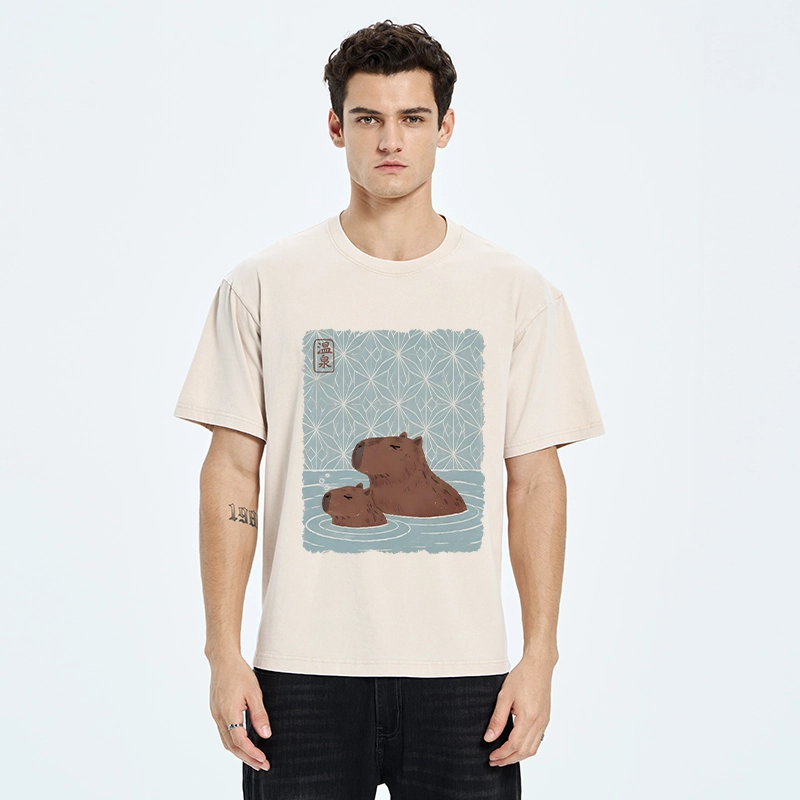 Tokyo-Tiger Onsen Capybara Calming Art Washed T-Shirt