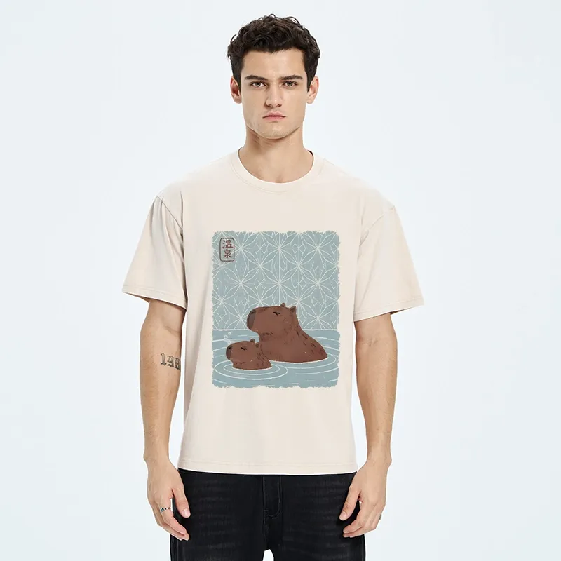 Tokyo-Tiger Onsen Capybara Calming Art Washed T-Shirt