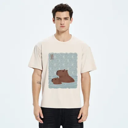 Tokyo-Tiger Onsen Capybara Calming Art Washed T-Shirt