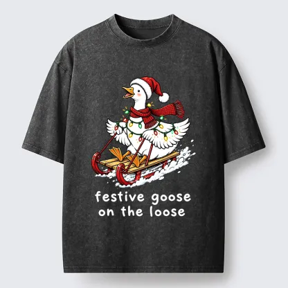 Tokyo-Tiger Funny Christmas Lights Goose Meme Washed T-Shirt