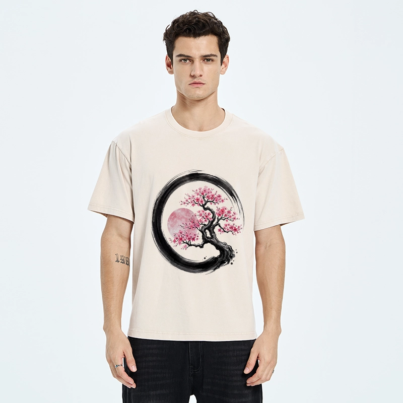 Tokyo-Tiger Zen Sakura Tree With Pink Moon Washed T-Shirt