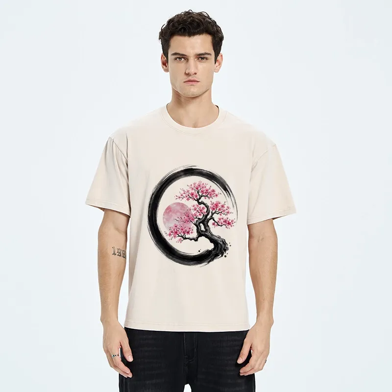 Tokyo-Tiger Zen Sakura Tree With Pink Moon Washed T-Shirt