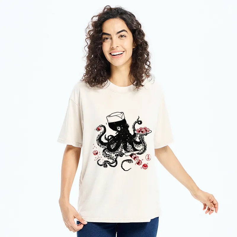 Tokyo-Tiger Octopus Making Sushi Funny Meme Washed T-Shirt