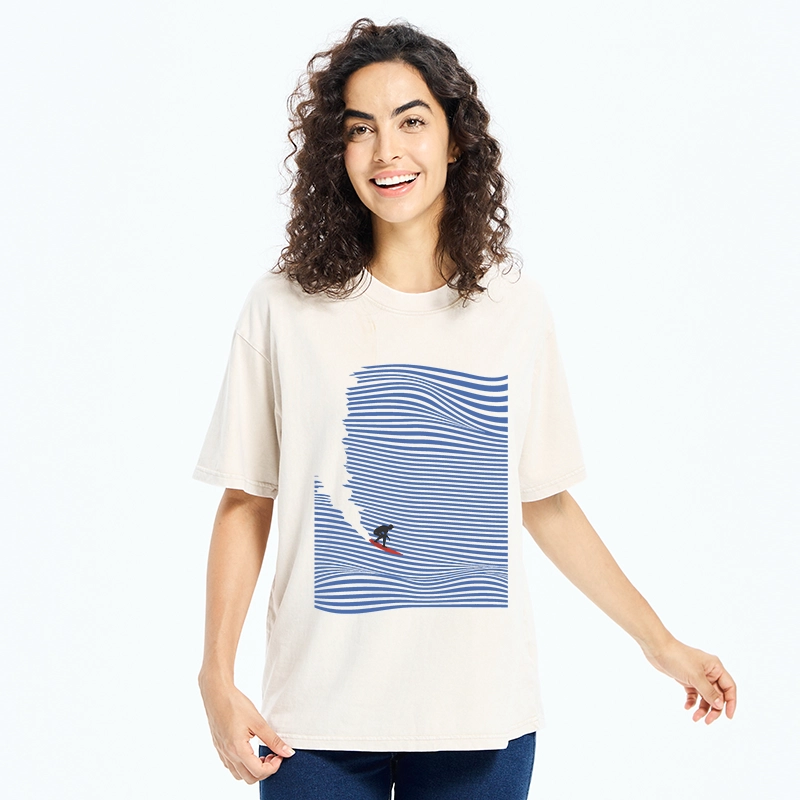Tokyo-Tiger Ocean Line Surf Graphic Print Washed T-Shirt