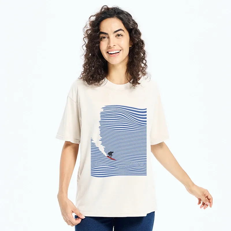 Tokyo-Tiger Ocean Line Surf Graphic Print Washed T-Shirt