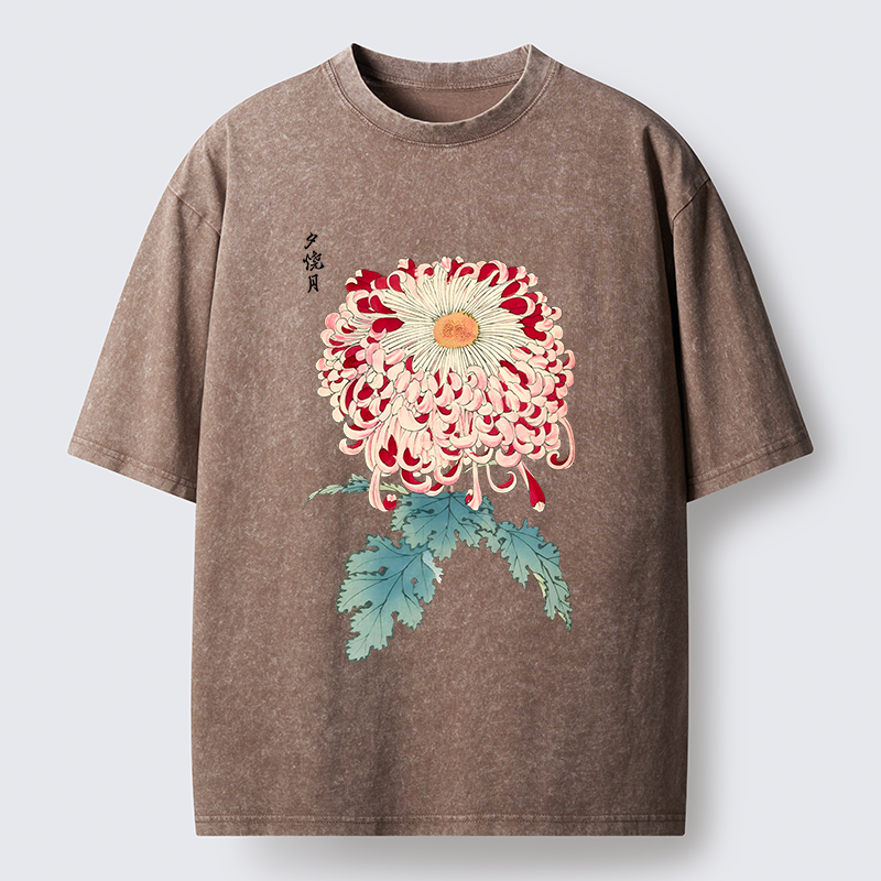 Tokyo-Tiger Vintage Chrysanthemum Art Washed T-Shirt