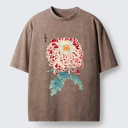 Tokyo-Tiger Vintage Chrysanthemum Art Washed T-Shirt