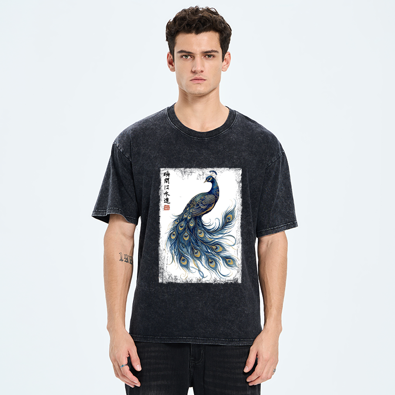 Tokyo-Tiger Elegant Peacock Art Washed T-Shirt