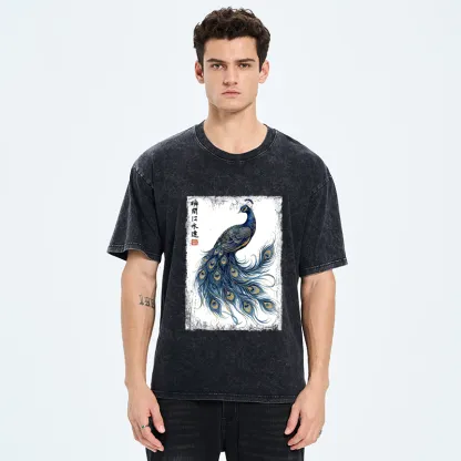 Tokyo-Tiger Elegant Peacock Art Washed T-Shirt