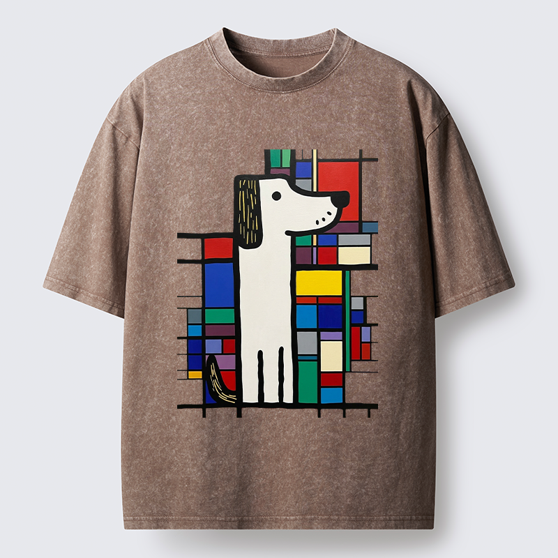 Tokyo-Tiger Geometric Cute Dog Art Washed T-Shirt