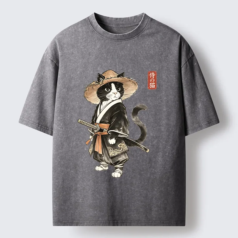 Tokyo‑Tiger Funny Samurai Cute Cat Washed T‑Shirt