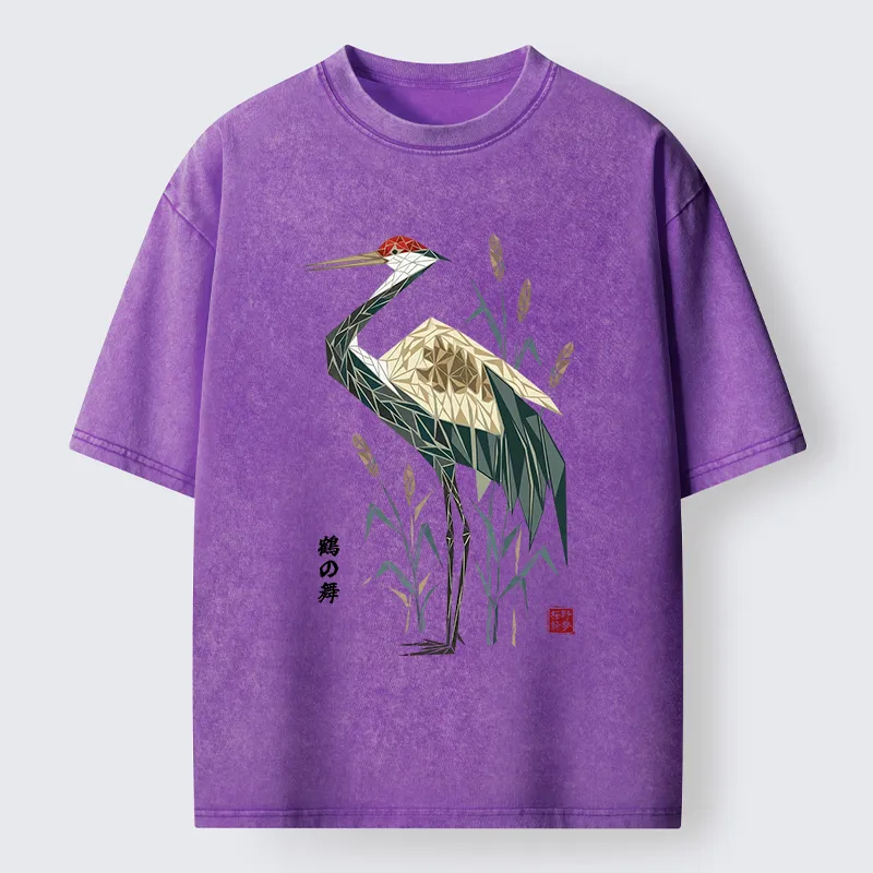 Tokyo-Tiger Geometric Crane Oriental Art Washed T-Shirt