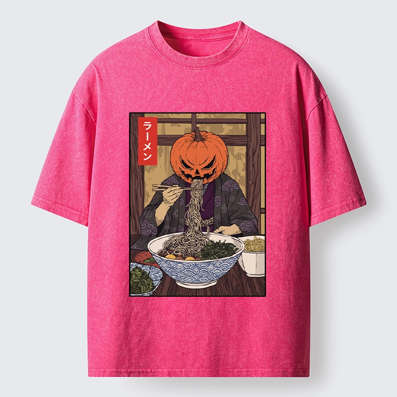 Tokyo‑Tiger Pumpkin Ramen Meme Washed T‑Shirt