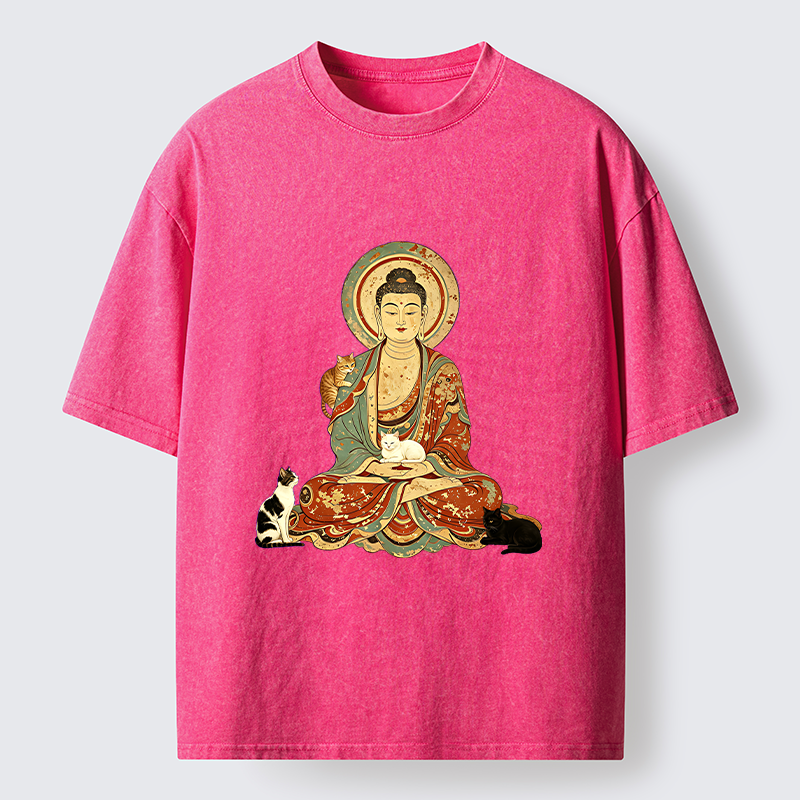 Tokyo-Tiger Buddha And Cats Art Washed T-Shirt