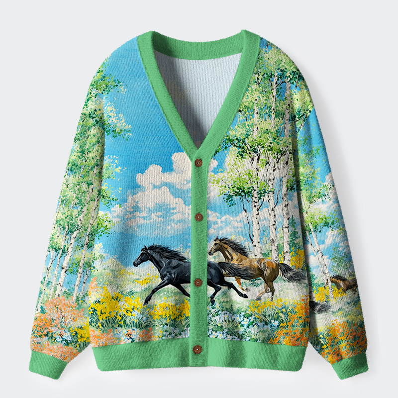 Tokyo-Tiger Horses in Bloom Ugly Cardigan Sweater