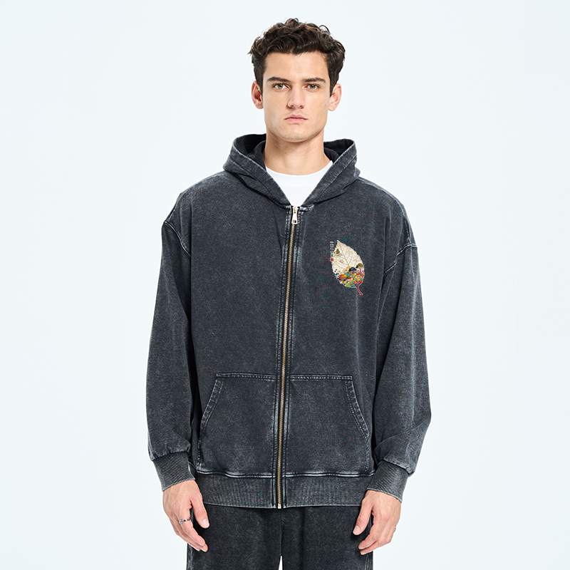 Tokyo-Tiger One Leaf Holds A Tiny Colorful World Washed Zip Hoodie