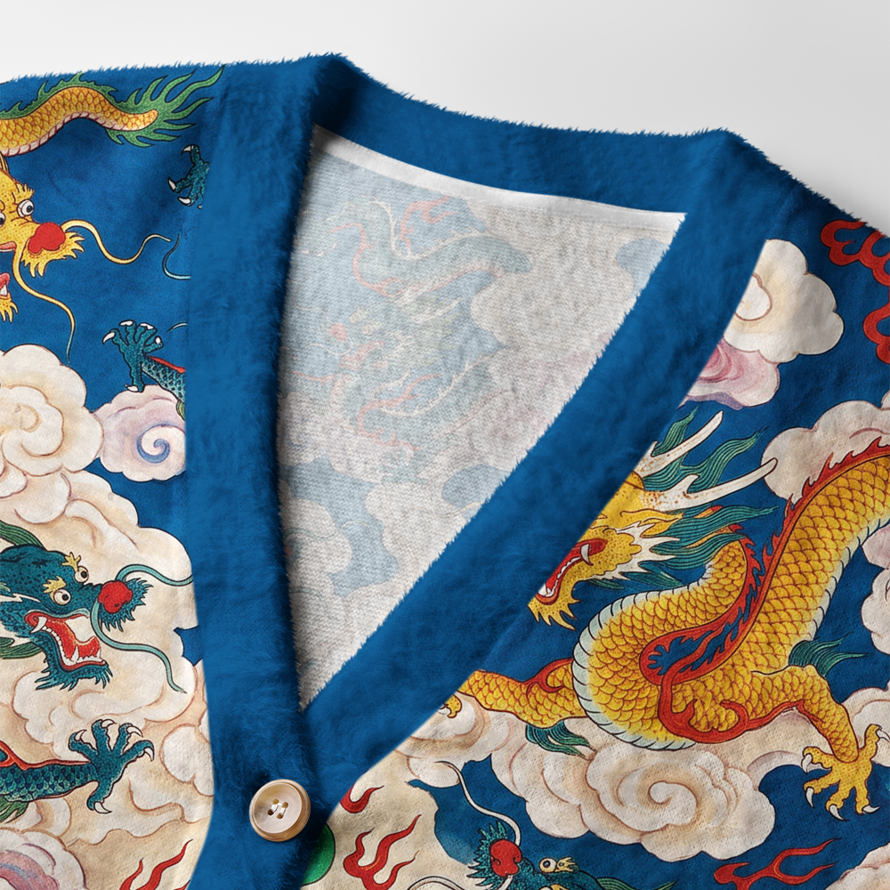 Tokyo-Tiger Celestial Dragons In Clouds Ugly Cardigan Sweater
