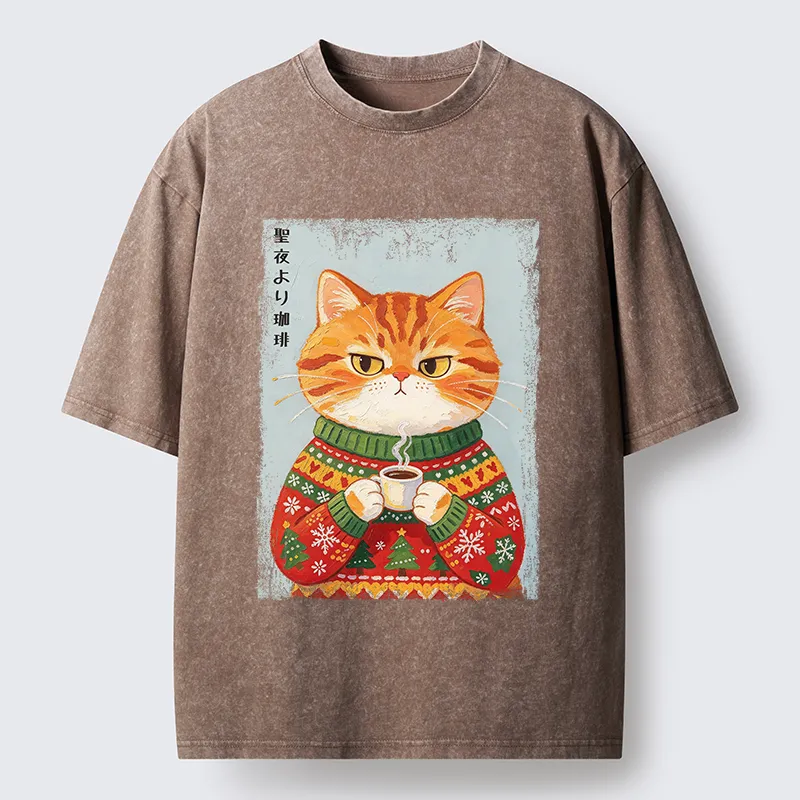 Tokyo-Tiger Christmas Coffee Cat Art Washed T-Shirt