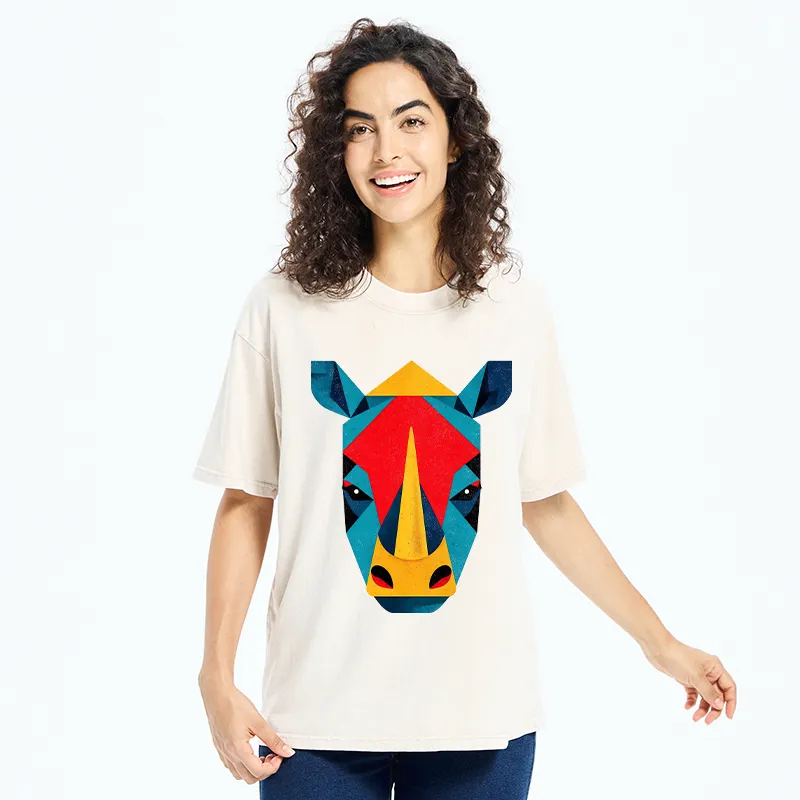 Tokyo-Tiger Geometric Rhino Art Washed T-Shirt