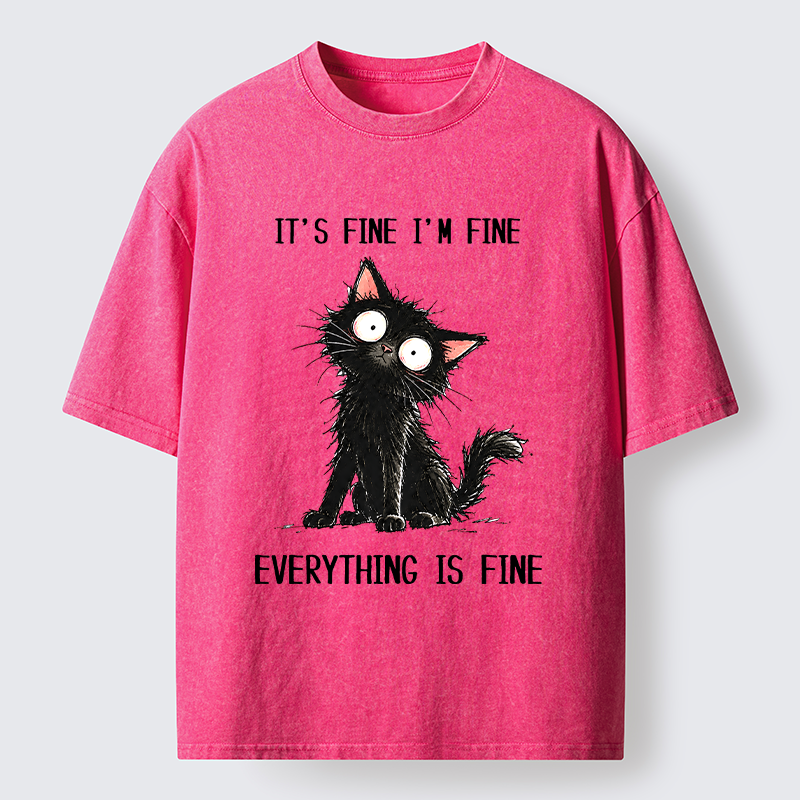 Tokyo-Tiger It's Fine Black Cat Meme Washed T-Shirt