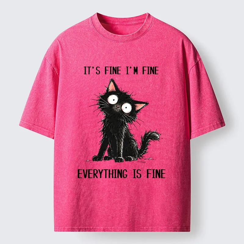 Tokyo-Tiger It's Fine Black Cat Meme Washed T-Shirt