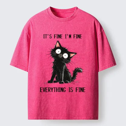 Tokyo-Tiger It's Fine Black Cat Meme Washed T-Shirt