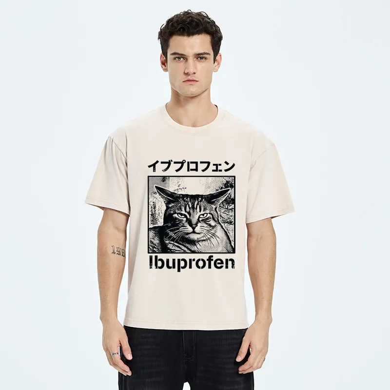 Tokyo-Tiger Tough Cat Loves Ibuprofen Pain Relief Washed T-Shirt