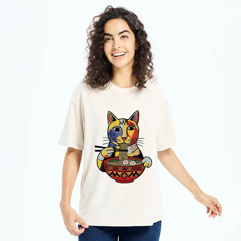 Tokyo-Tiger Abstract Cat Eating Ramen Washed T-Shirt