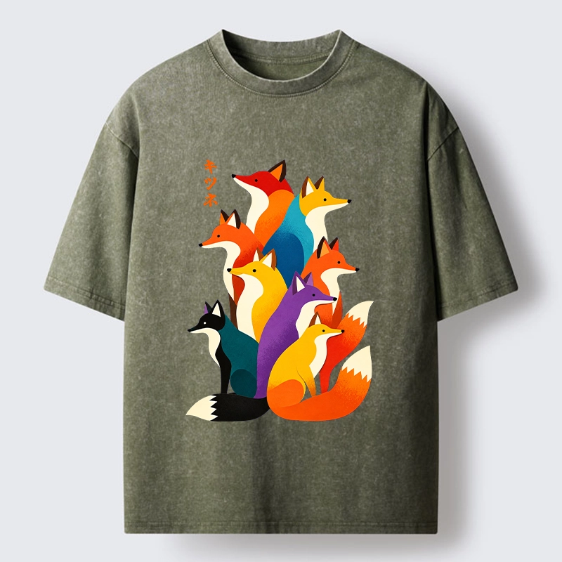 Tokyo‑Tiger Colorful Fox Crew Washed T‑Shirt
