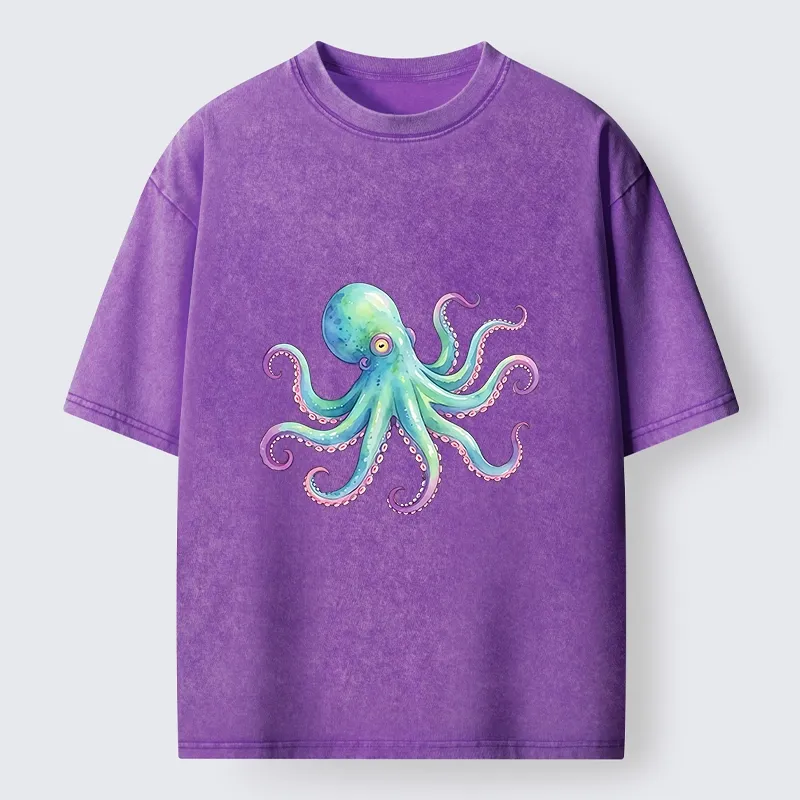 Tokyo‑Tiger Watercolor Octopus Washed T‑Shirt