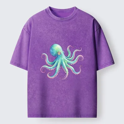 Tokyo‑Tiger Watercolor Octopus Washed T‑Shirt