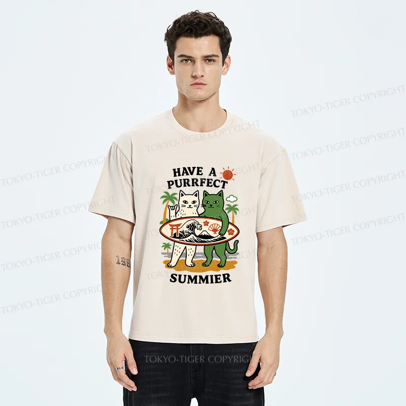 Tokyo-Tiger Beach Surfing Cat Washed T-Shirt
